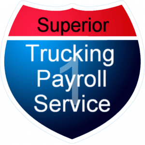 This image is a logo for "Superior Trucking Payroll Service" in the shape of a highway shield. The top portion is red with the word "Superior," while the bottom portion is blue with the text "Trucking Payroll Service." The design resembles a road sign, suggesting a connection to the trucking industry.