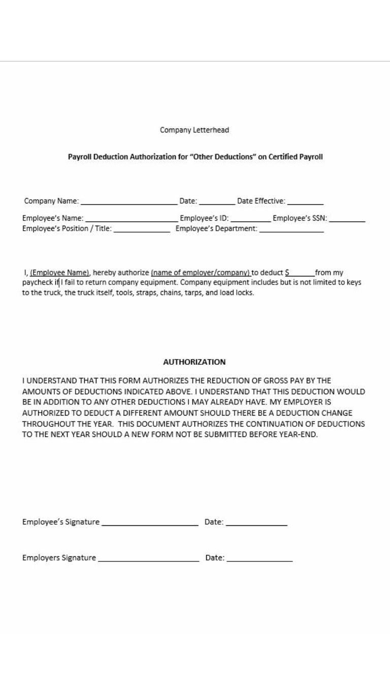 Authorization Deduction Form, this example shows the written text of the form of a driver authorizing a trucking company to deduct funds if company property is not returned.