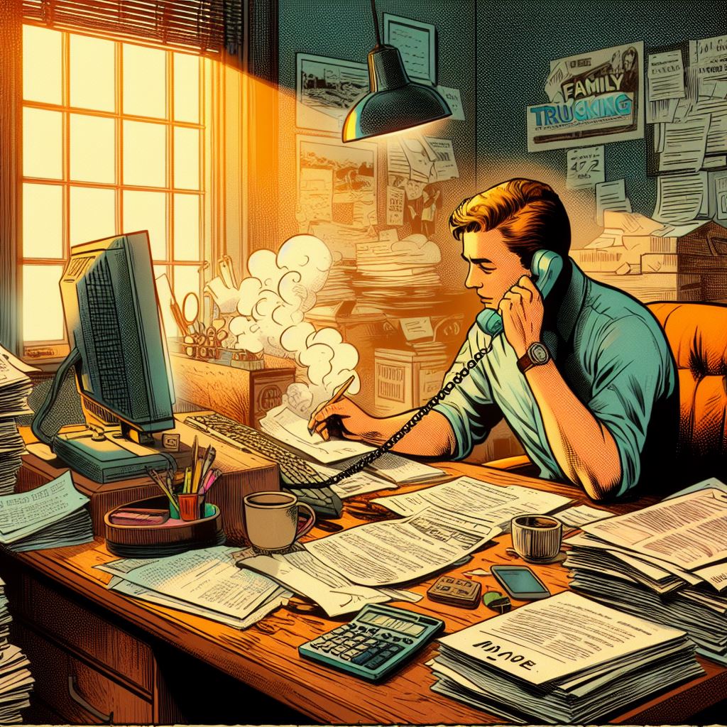 The image shows a man at a cluttered desk in an office filled with paperwork and office supplies. He is on the phone, taking notes, surrounded by piles of documents, a computer, and a wall filled with pinned papers and posters, suggesting a busy work environment.