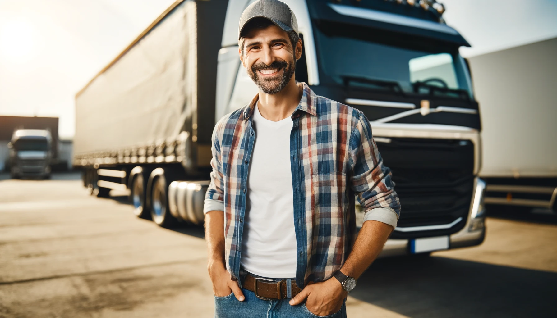 The image shows a happy truck driver standing confidently in front of a large truck. He’s wearing a casual plaid shirt, jeans, and a baseball cap. The background suggests an outdoor trucking yard, bathed in warm sunlight, emphasizing a positive and upbeat tone.