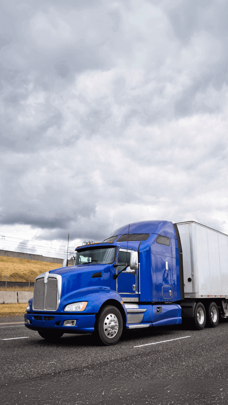 A blue semi-truck with a white trailer is driving on a highway under a cloudy sky. The truck stands out against the muted tones of the landscape and overcast weather, creating a strong, bold presence.